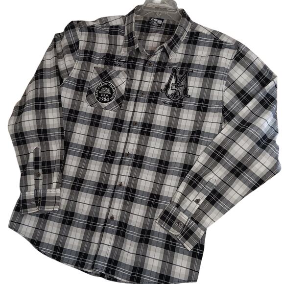 Mecca USA Vintage Shirt Mens 3XL Black/White Patches Plaid Street Logo Button Up - Picture 1 of 14